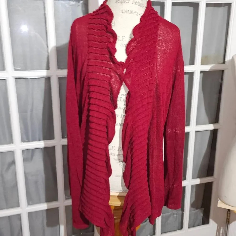Eileen Fisher Womens Burgundy Red Linen Blend Open Ruffle Cardigan Sweater 1X